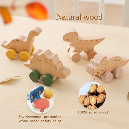 1 pc Beech Wood Montessori Toy Dinosaur with wheels multivariant